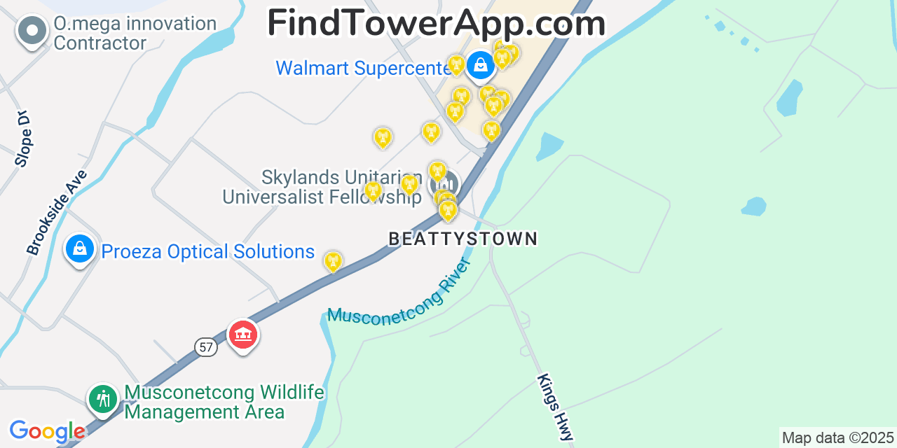 Map showing the 20 primary cell tower locations detected in Beattystown, New Jersey from AT&T, Verizon, and T-Mobile networks