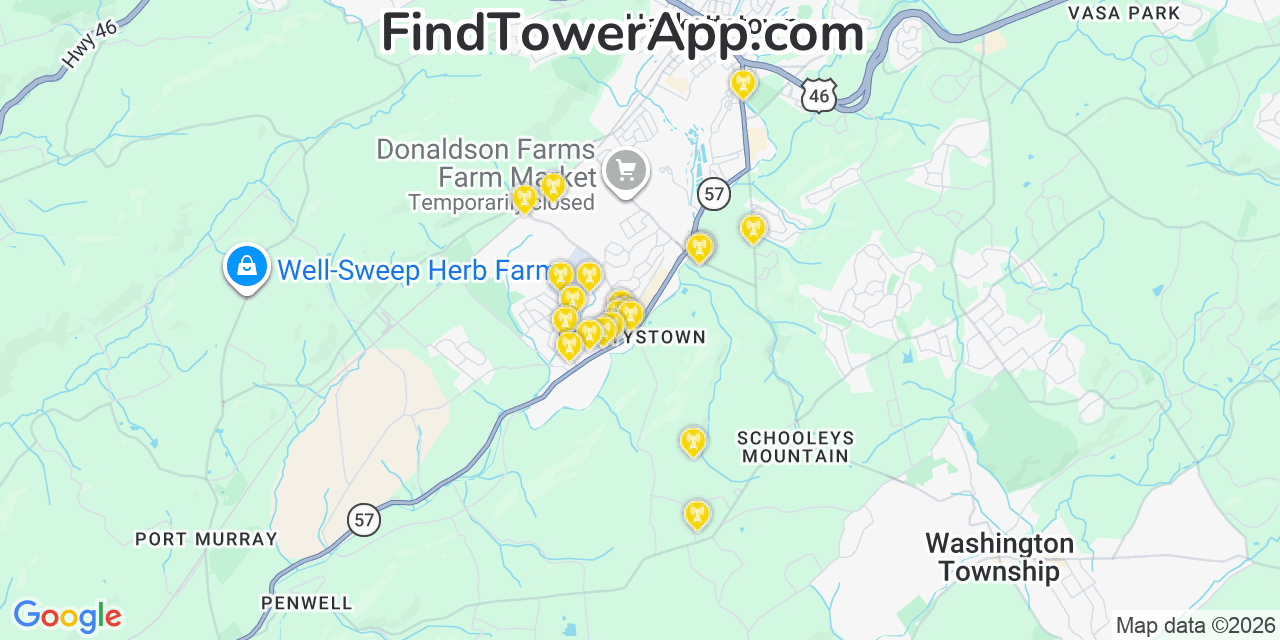 Map showing the 20 primary cell tower locations detected in Beattystown, New Jersey from AT&T, Verizon, and T-Mobile networks