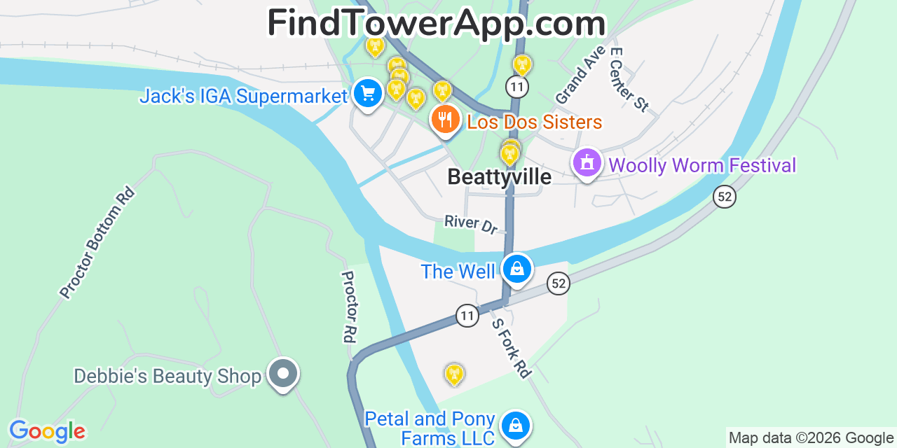 Map showing the 20 primary cell tower locations detected in Beattyville, Kentucky from AT&T, Verizon, and T-Mobile networks
