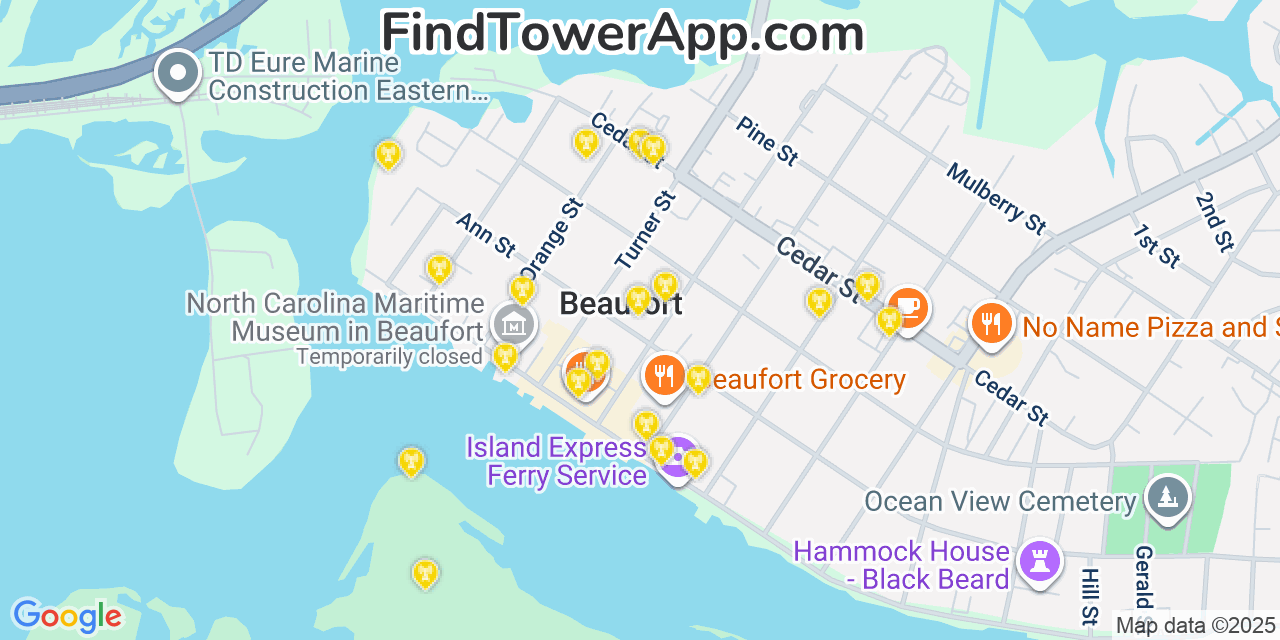 Map showing the 20 primary cell tower locations detected in Beaufort, North Carolina from AT&T, Verizon, and T-Mobile networks