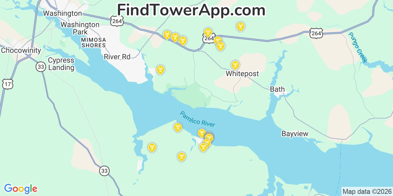 Map showing the 20 primary cell tower locations detected in Beaufort, North Carolina from AT&T, Verizon, and T-Mobile networks