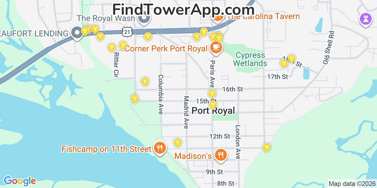 Map showing the 20 primary cell tower locations detected in Beaufort, South Carolina from AT&T, Verizon, and T-Mobile networks