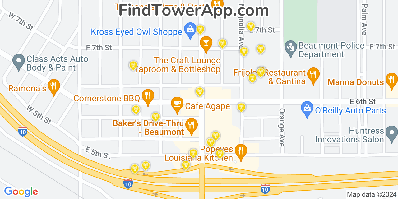 AT&T 4G/5G cell tower coverage map Beaumont, California