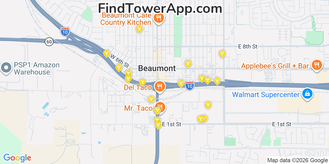 Map showing the 20 primary cell tower locations detected in Beaumont, California from AT&T, Verizon, and T-Mobile networks