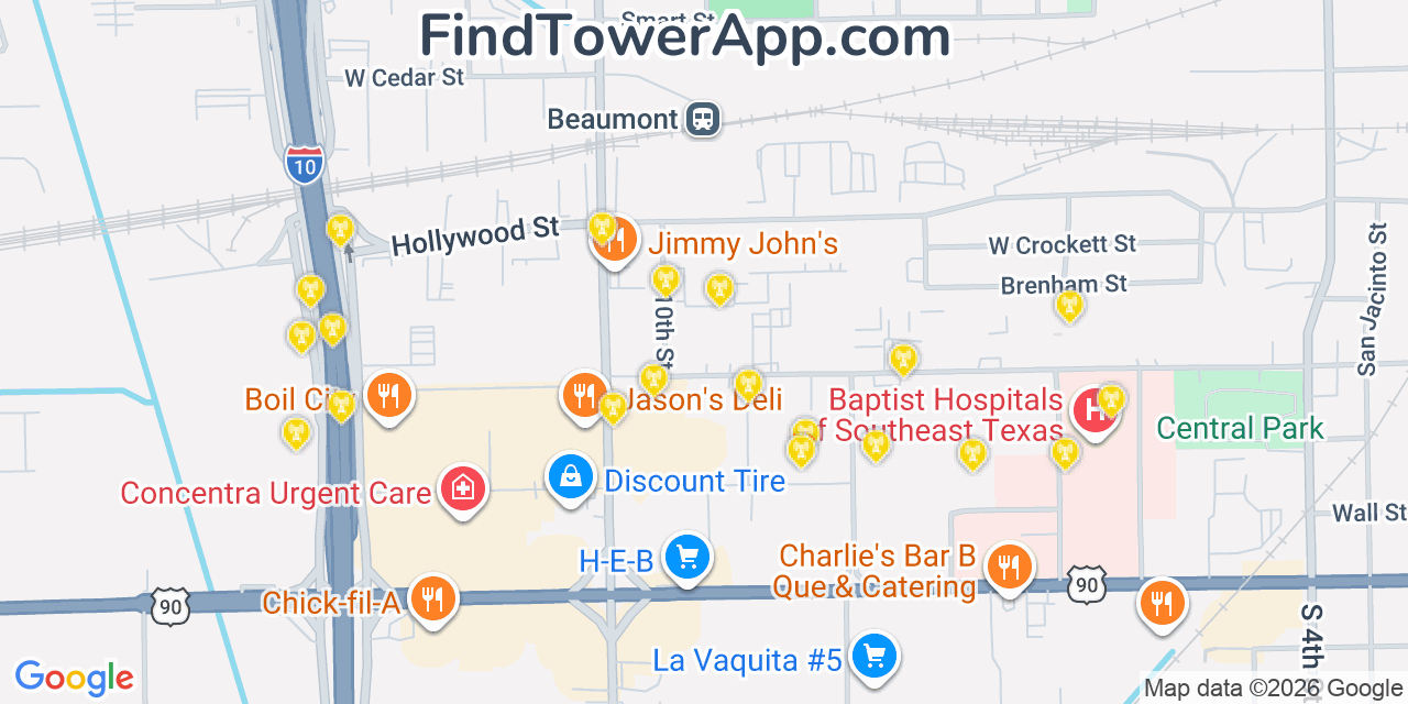 Map showing the 20 primary cell tower locations detected in Beaumont, Texas from AT&T, Verizon, and T-Mobile networks