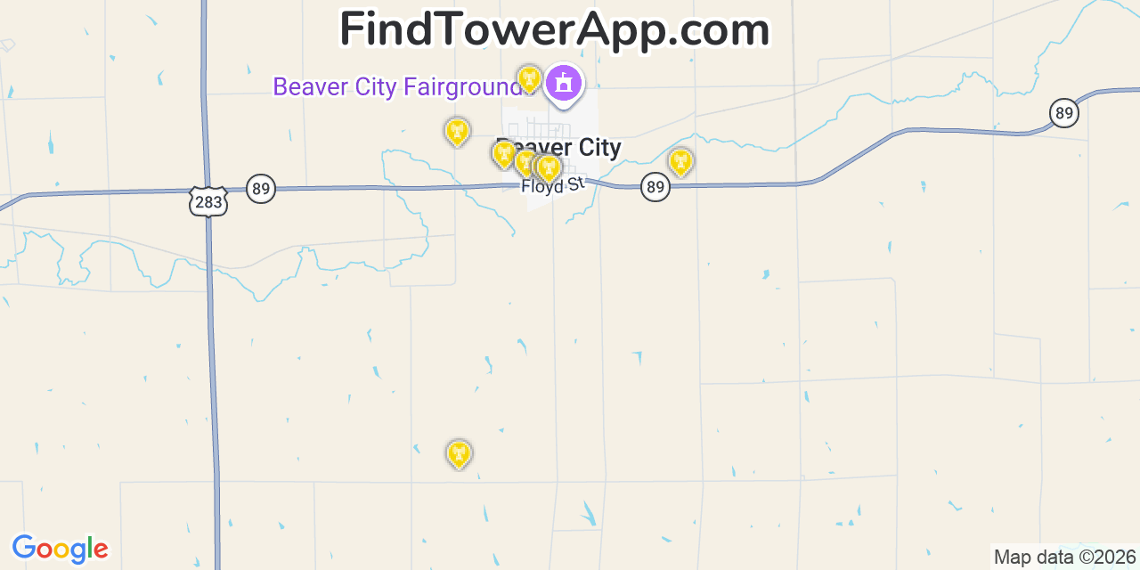 Map showing the 20 primary cell tower locations detected in Beaver City, Nebraska from AT&T, Verizon, and T-Mobile networks