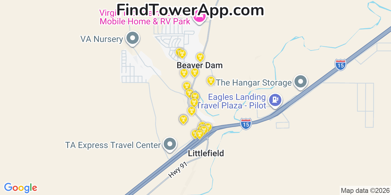 Map showing the 20 primary cell tower locations detected in Beaver Dam, Arizona from AT&T, Verizon, and T-Mobile networks