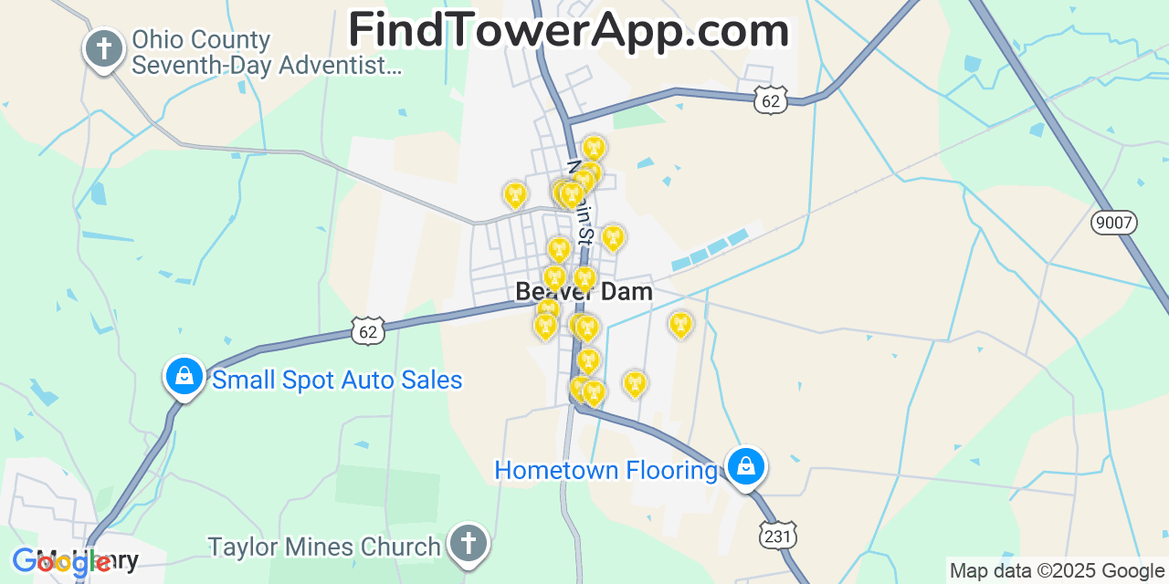 Map showing the 20 primary cell tower locations detected in Beaver Dam, Kentucky from AT&T, Verizon, and T-Mobile networks
