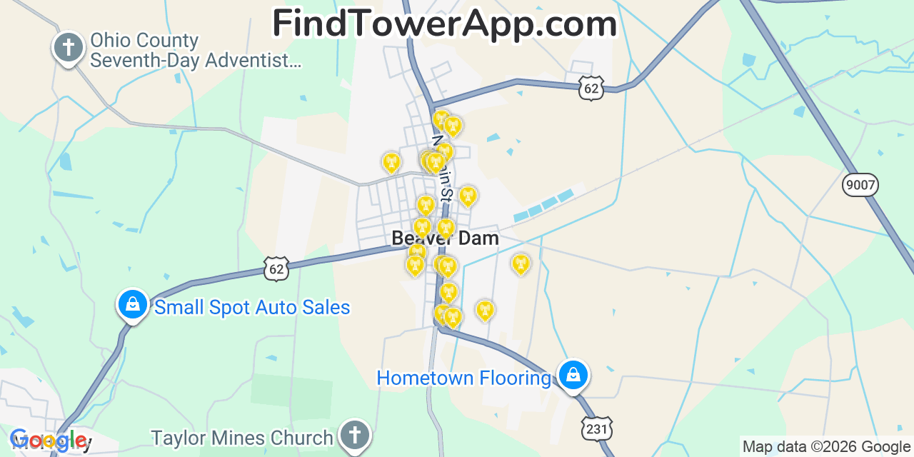 Map showing the 20 primary cell tower locations detected in Beaver Dam, Kentucky from AT&T, Verizon, and T-Mobile networks