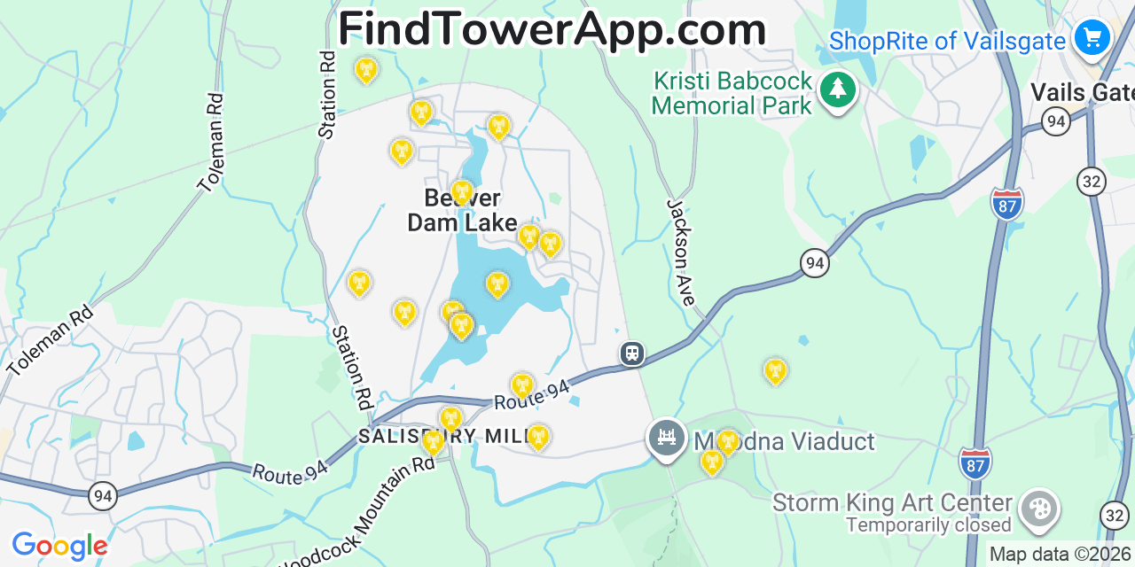 Map showing the 20 primary cell tower locations detected in Beaver Dam Lake, New York from AT&T, Verizon, and T-Mobile networks