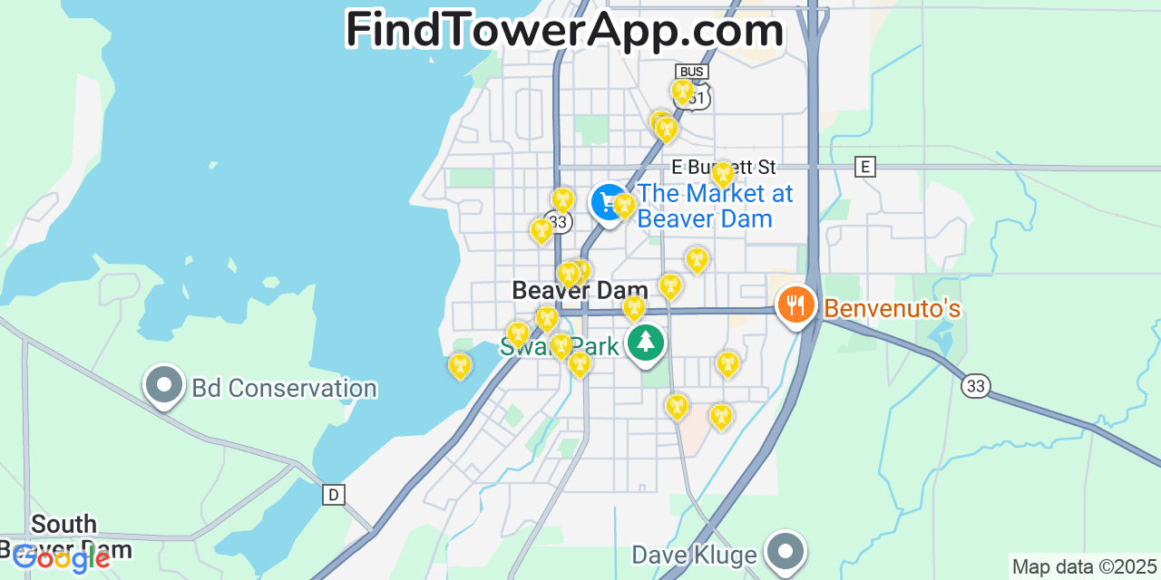 Map showing the 20 primary cell tower locations detected in Beaver Dam, Wisconsin from AT&T, Verizon, and T-Mobile networks