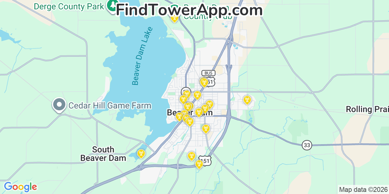 Map showing the 20 primary cell tower locations detected in Beaver Dam, Wisconsin from AT&T, Verizon, and T-Mobile networks