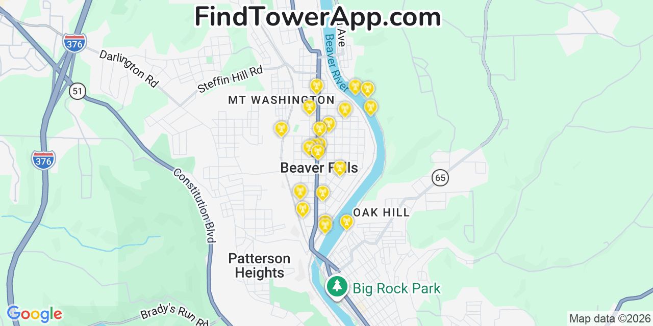 Map showing the 20 primary cell tower locations detected in Beaver Falls, Pennsylvania from AT&T, Verizon, and T-Mobile networks