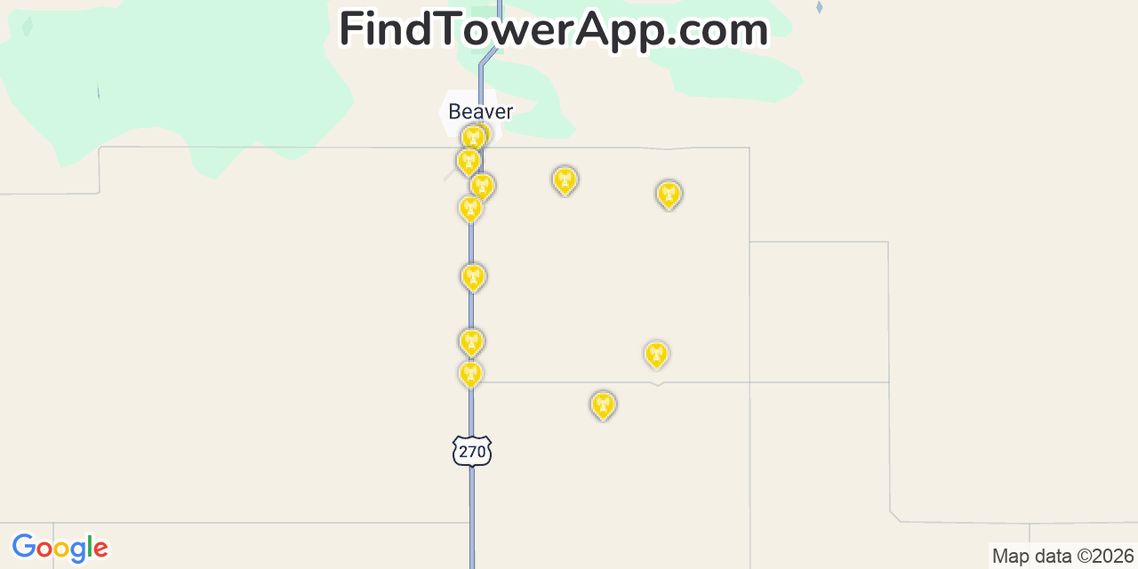 Map showing the 20 primary cell tower locations detected in Beaver, Oklahoma from AT&T, Verizon, and T-Mobile networks