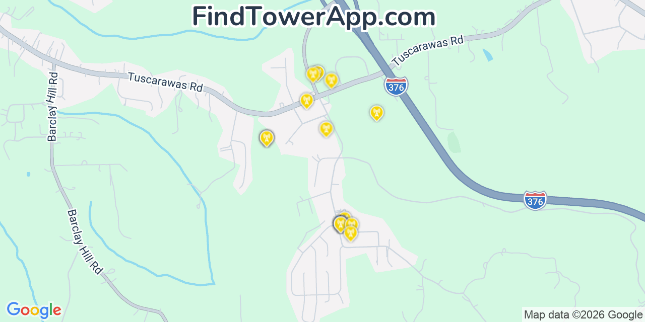 Map showing the 20 primary cell tower locations detected in Beaver, Pennsylvania from AT&T, Verizon, and T-Mobile networks
