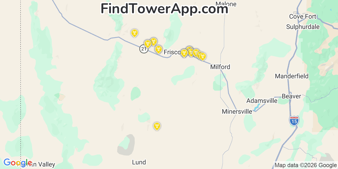 Map showing the 20 primary cell tower locations detected in Beaver, Utah from AT&T, Verizon, and T-Mobile networks