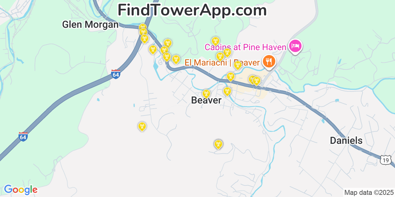 Map showing the 20 primary cell tower locations detected in Beaver, West Virginia from AT&T, Verizon, and T-Mobile networks