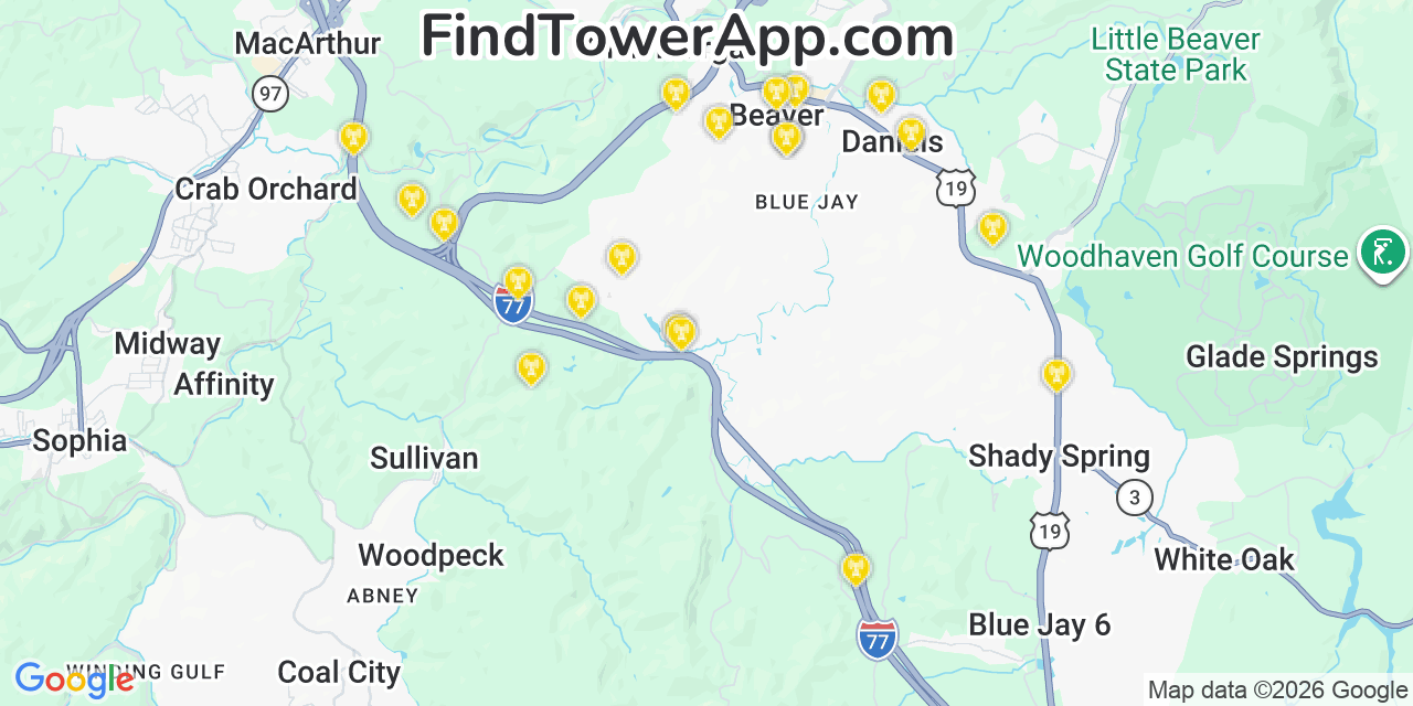 Map showing the 20 primary cell tower locations detected in Beaver, West Virginia from AT&T, Verizon, and T-Mobile networks
