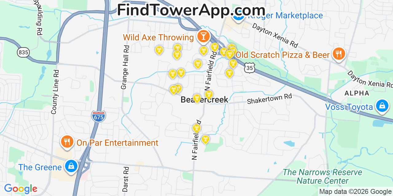 Map showing the 20 primary cell tower locations detected in Beavercreek, Ohio from AT&T, Verizon, and T-Mobile networks