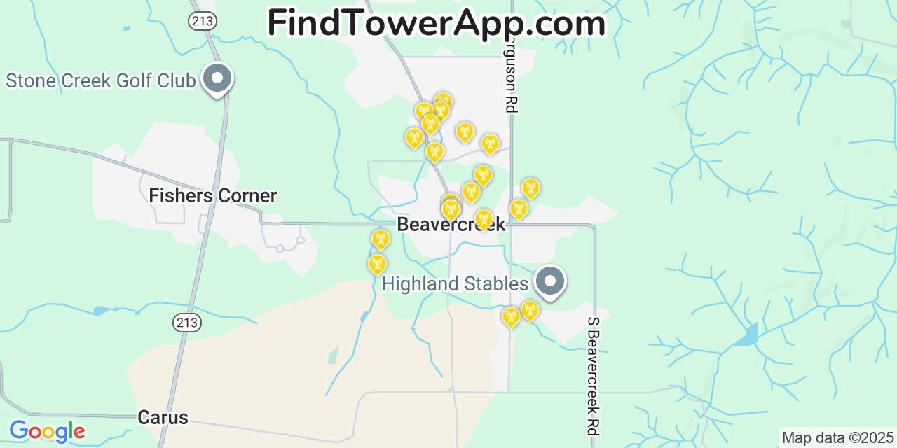 Map showing the 20 primary cell tower locations detected in Beavercreek, Oregon from AT&T, Verizon, and T-Mobile networks