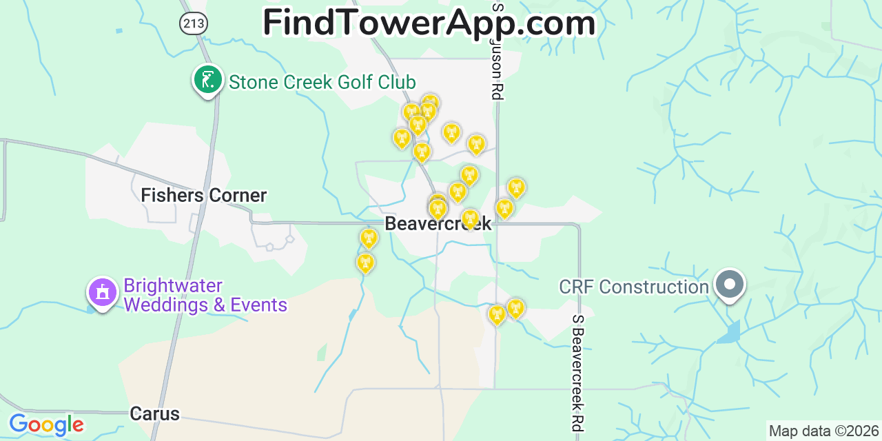 Map showing the 20 primary cell tower locations detected in Beavercreek, Oregon from AT&T, Verizon, and T-Mobile networks
