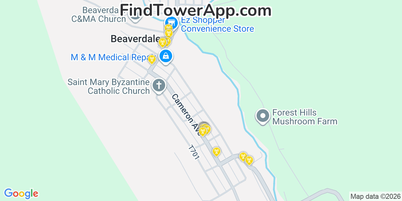 Map showing the 20 primary cell tower locations detected in Beaverdale, Pennsylvania from AT&T, Verizon, and T-Mobile networks