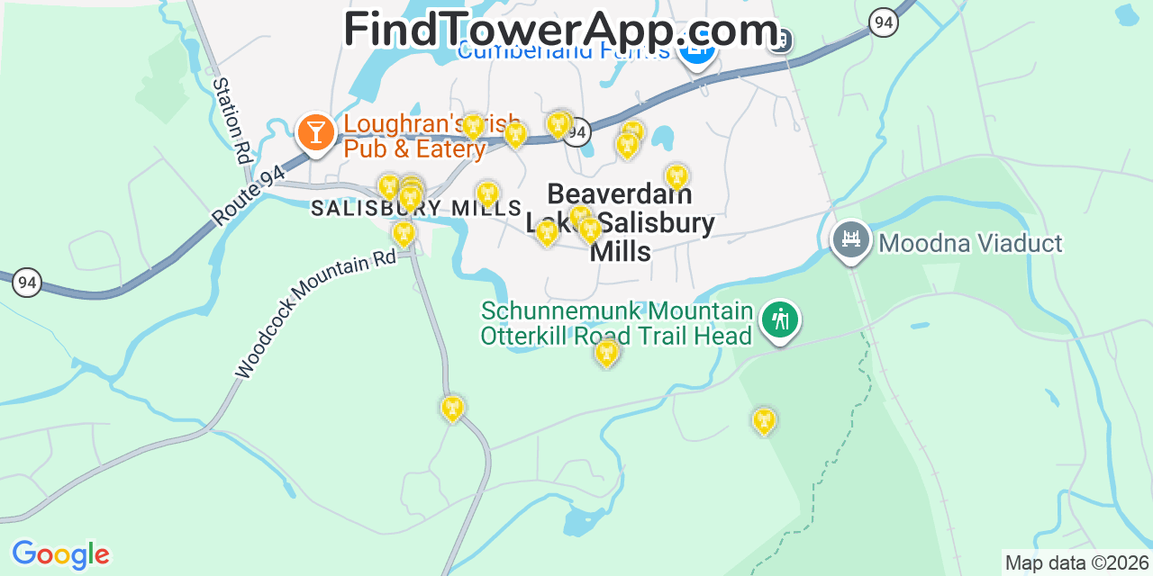 Map showing the 20 primary cell tower locations detected in Beaverdam Lake Salisbury Mills, New York from AT&T, Verizon, and T-Mobile networks