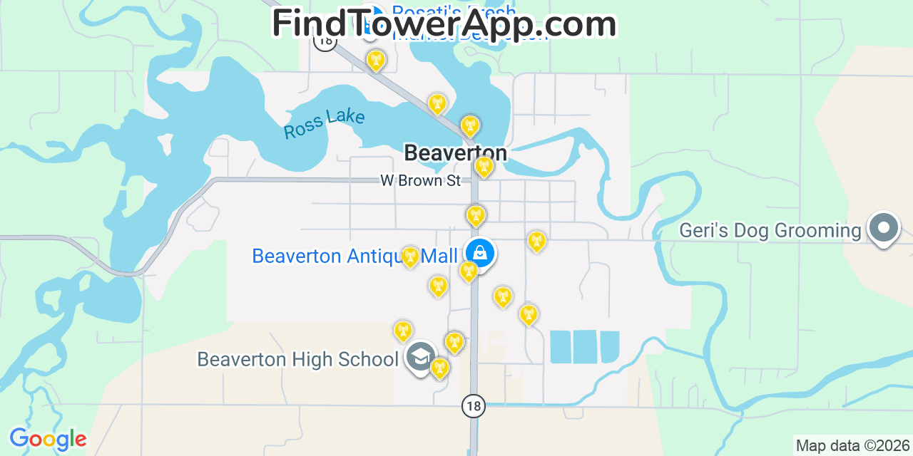 Map showing the 20 primary cell tower locations detected in Beaverton, Michigan from AT&T, Verizon, and T-Mobile networks