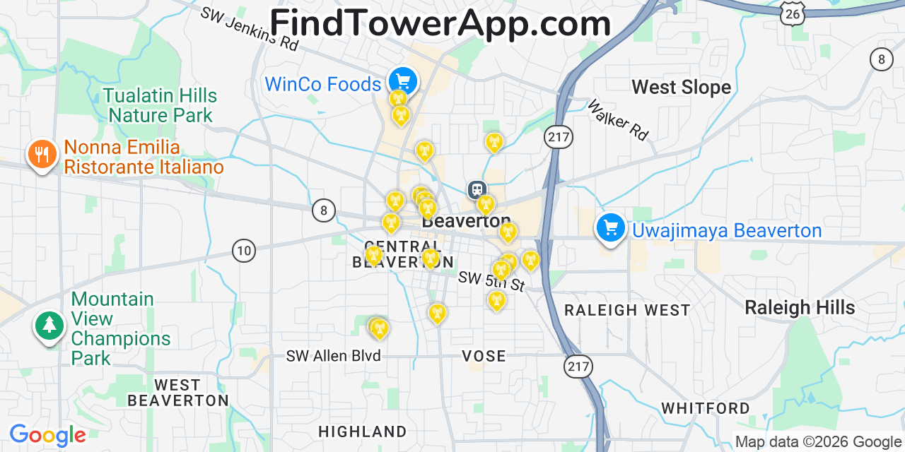 Map showing the 20 primary cell tower locations detected in Beaverton, Oregon from AT&T, Verizon, and T-Mobile networks