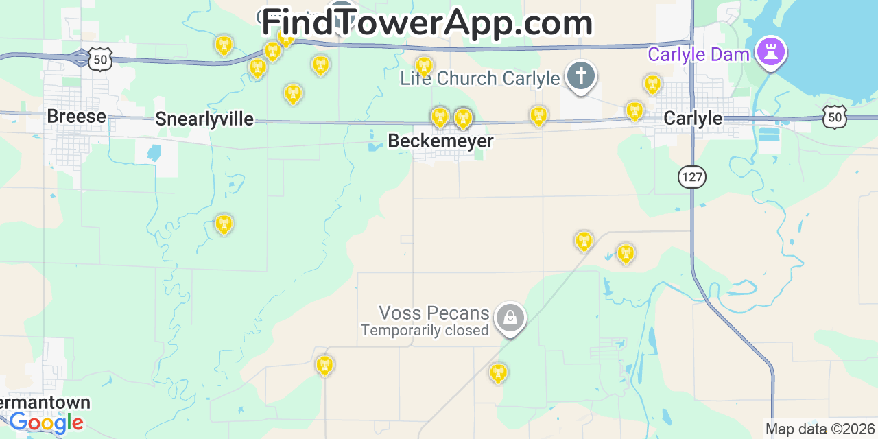 Map showing the 20 primary cell tower locations detected in Beckemeyer, Illinois from AT&T, Verizon, and T-Mobile networks