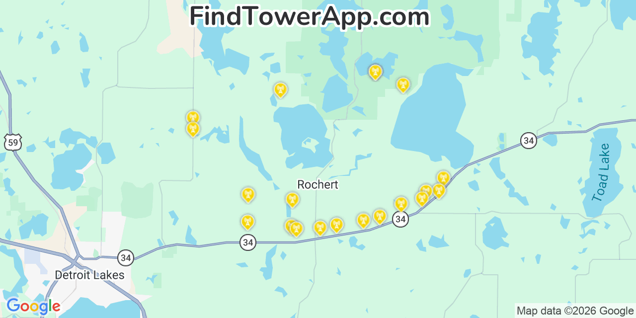 Map showing the 20 primary cell tower locations detected in Becker, Minnesota from AT&T, Verizon, and T-Mobile networks