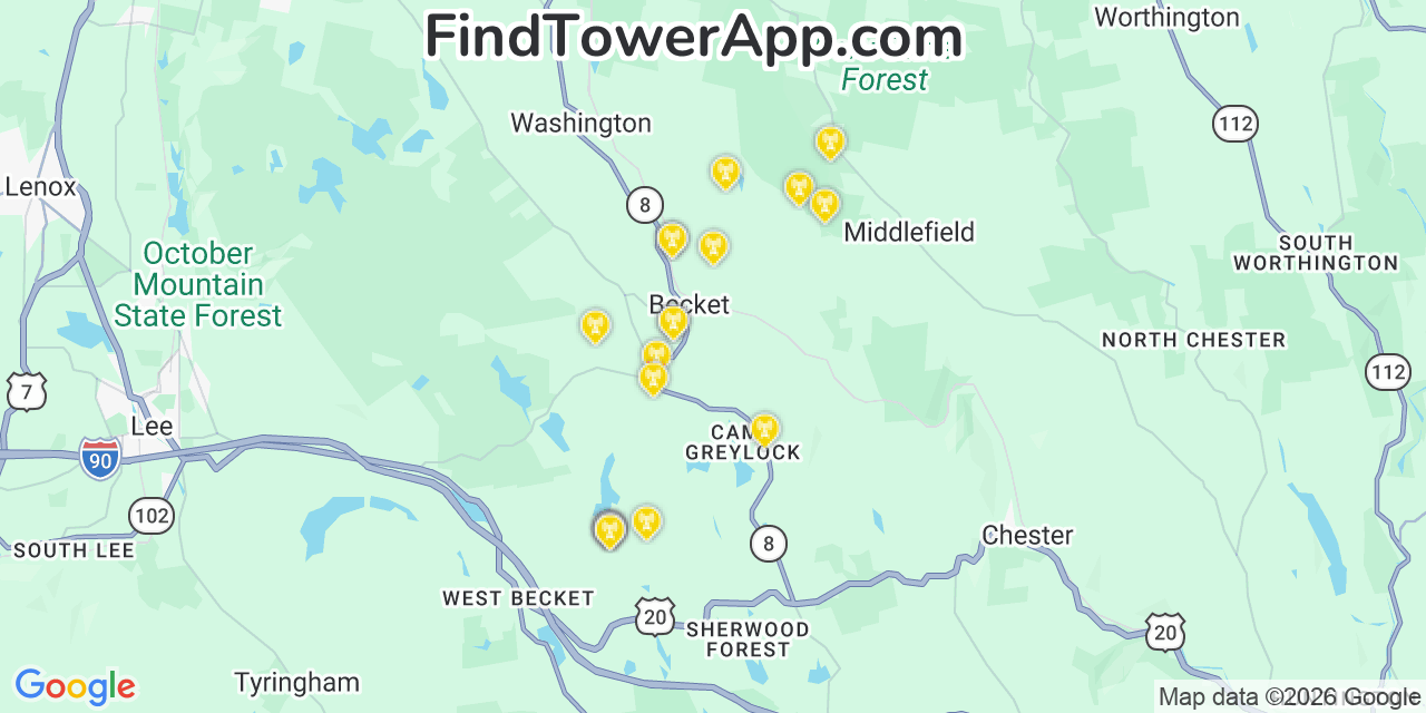 Map showing the 20 primary cell tower locations detected in Becket, Massachusetts from AT&T, Verizon, and T-Mobile networks
