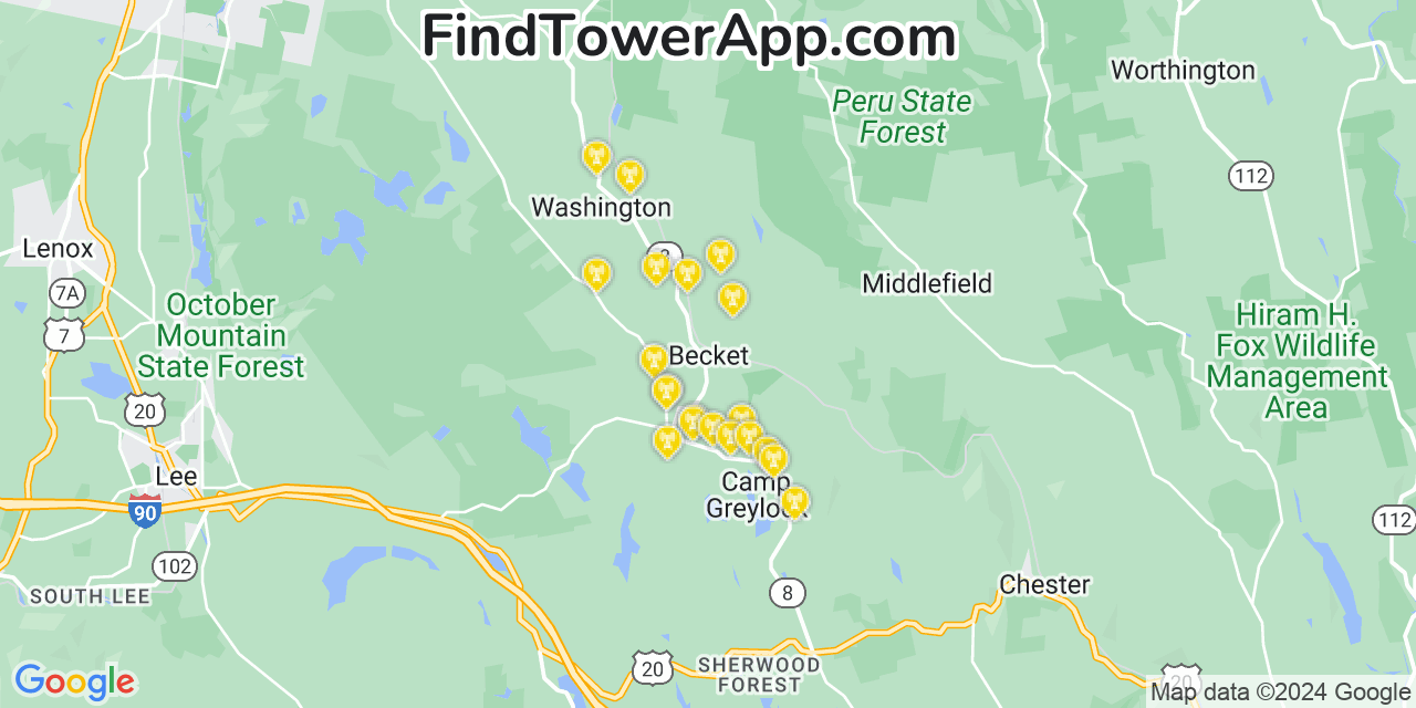 Verizon 4G/5G cell tower coverage map Becket, Massachusetts