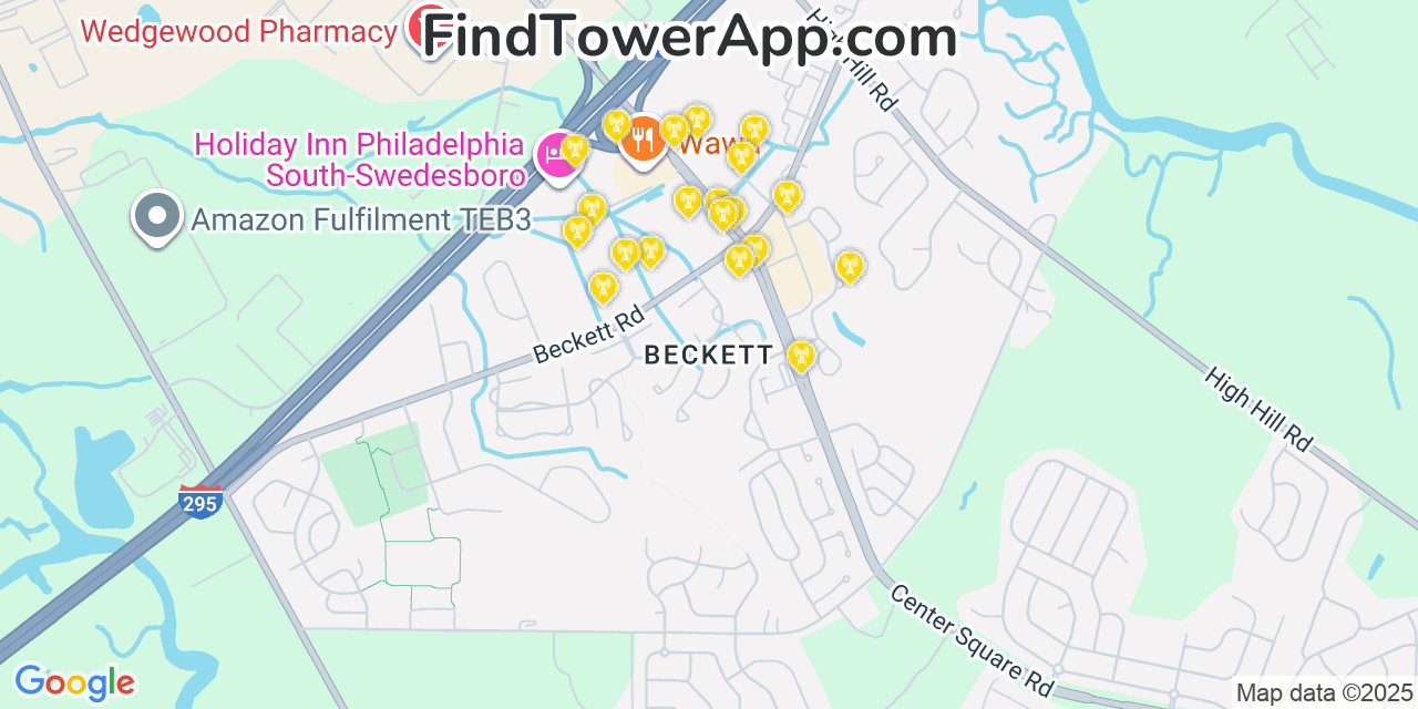 Map showing the 20 primary cell tower locations detected in Beckett, New Jersey from AT&T, Verizon, and T-Mobile networks