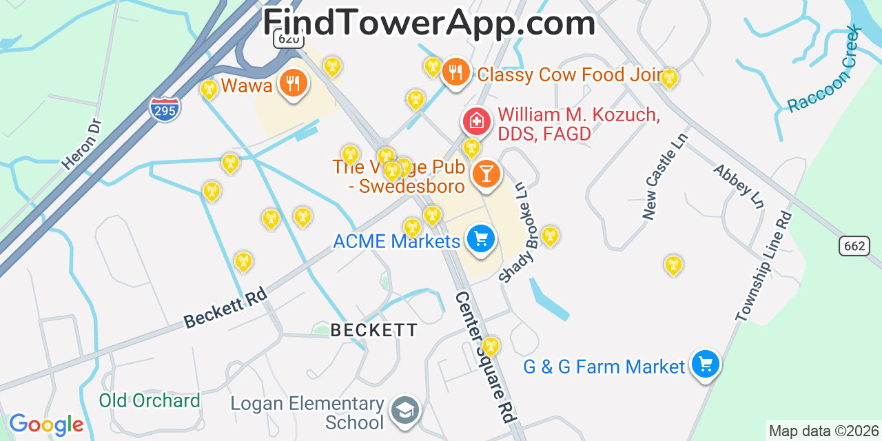 Map showing the 20 primary cell tower locations detected in Beckett, New Jersey from AT&T, Verizon, and T-Mobile networks