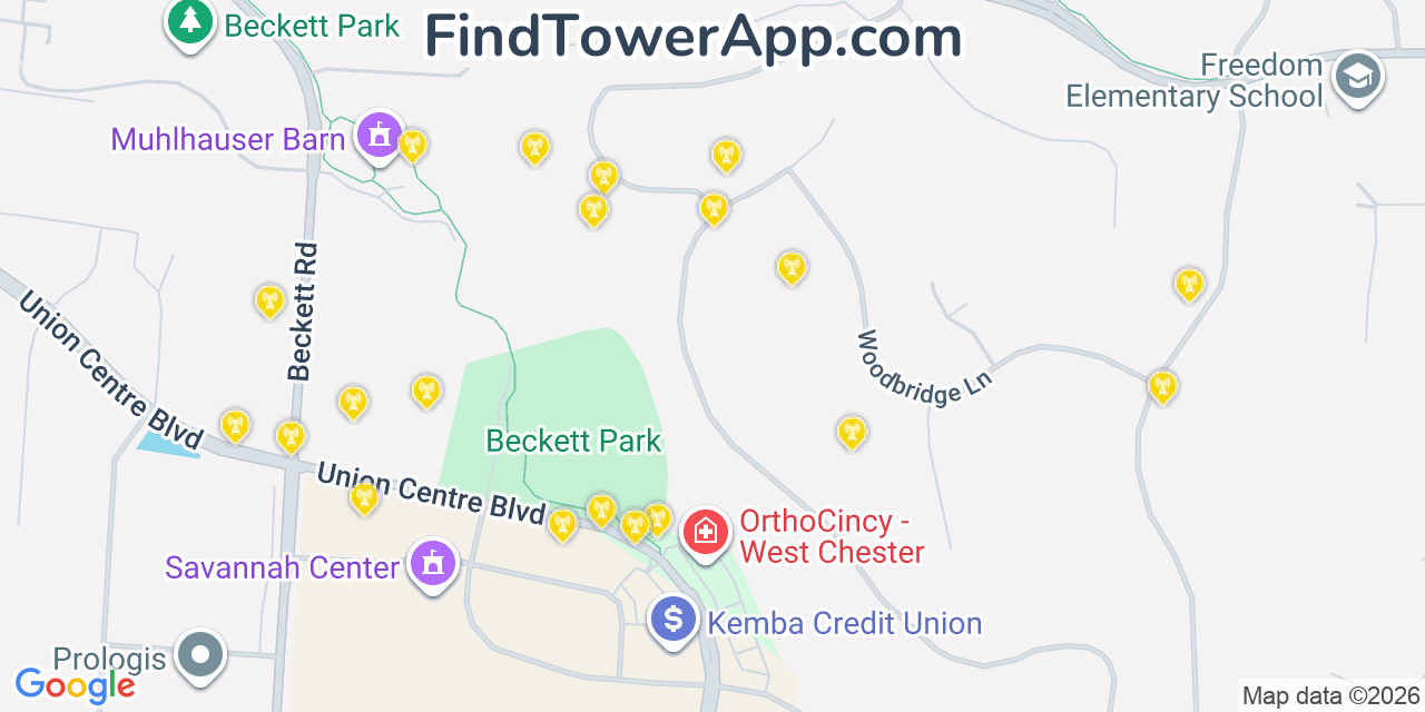 Map showing the 20 primary cell tower locations detected in Beckett Ridge, Ohio from AT&T, Verizon, and T-Mobile networks