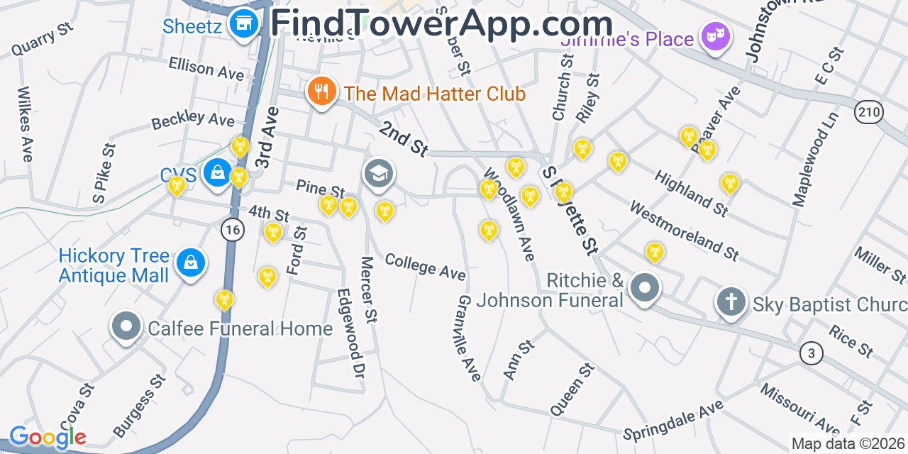 Map showing the 20 primary cell tower locations detected in Beckley, West Virginia from AT&T, Verizon, and T-Mobile networks