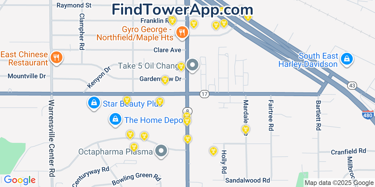 Map showing the 20 primary cell tower locations detected in Bedford Heights, Ohio from AT&T, Verizon, and T-Mobile networks
