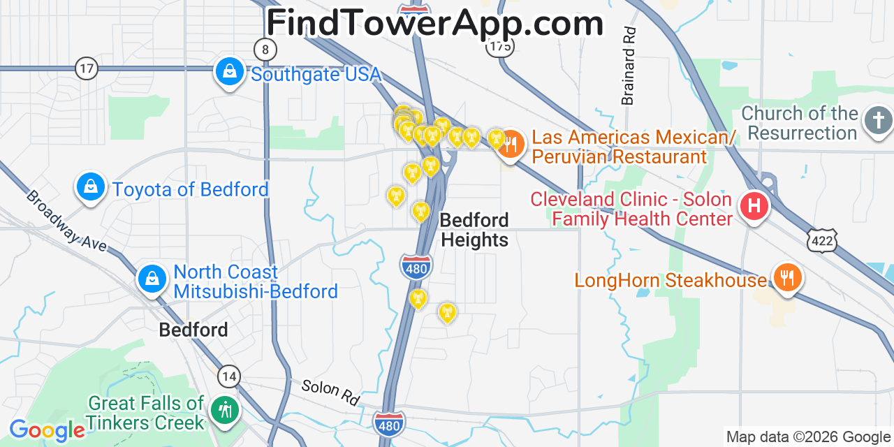 Map showing the 20 primary cell tower locations detected in Bedford Heights, Ohio from AT&T, Verizon, and T-Mobile networks