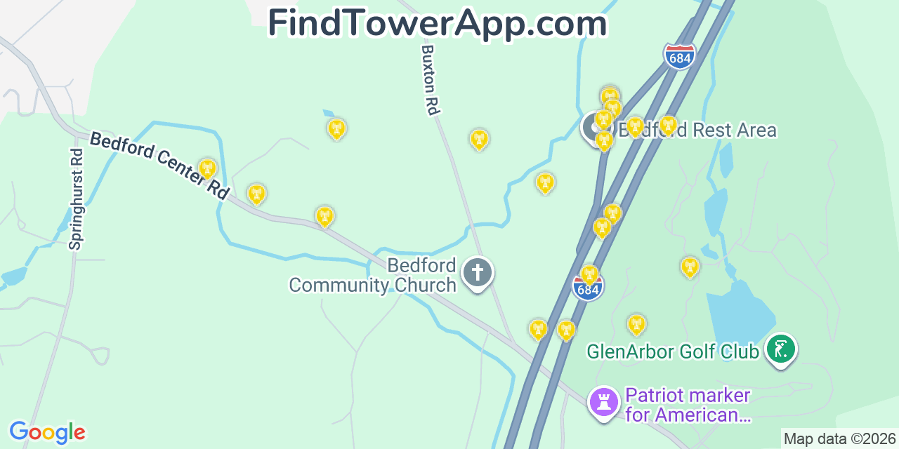 Map showing the 20 primary cell tower locations detected in Bedford Hills, New York from AT&T, Verizon, and T-Mobile networks