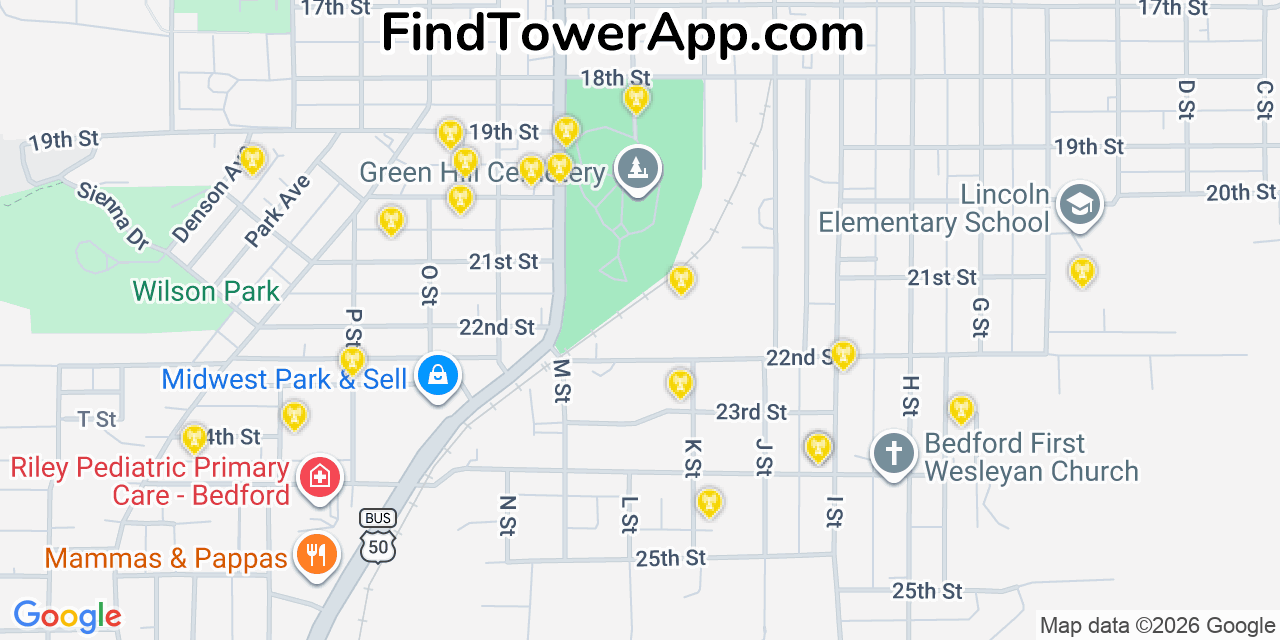 Map showing the 20 primary cell tower locations detected in Bedford, Indiana from AT&T, Verizon, and T-Mobile networks