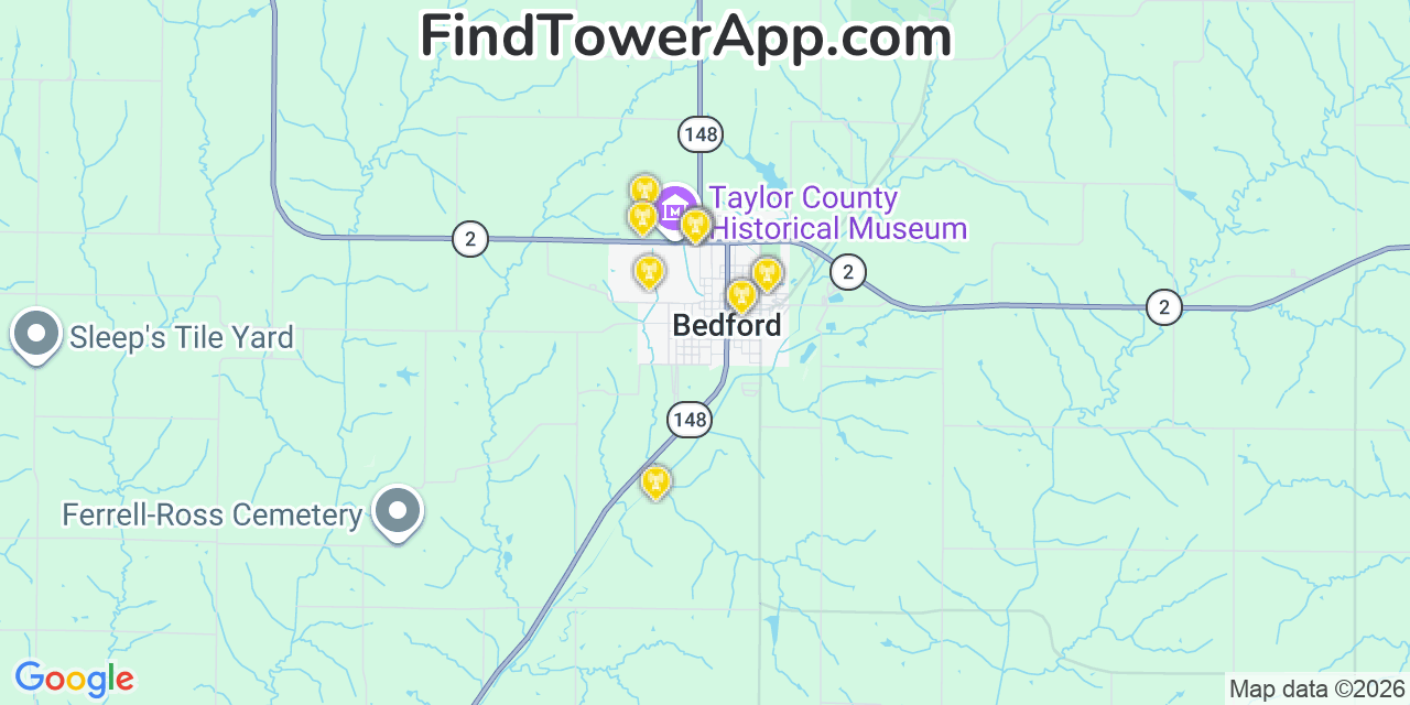 Map showing the 20 primary cell tower locations detected in Bedford, Iowa from AT&T, Verizon, and T-Mobile networks