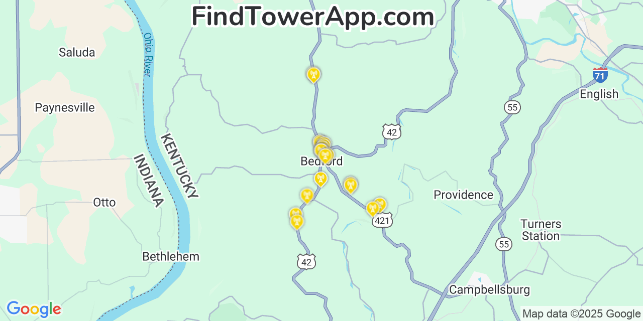 Map showing the 20 primary cell tower locations detected in Bedford, Kentucky from AT&T, Verizon, and T-Mobile networks
