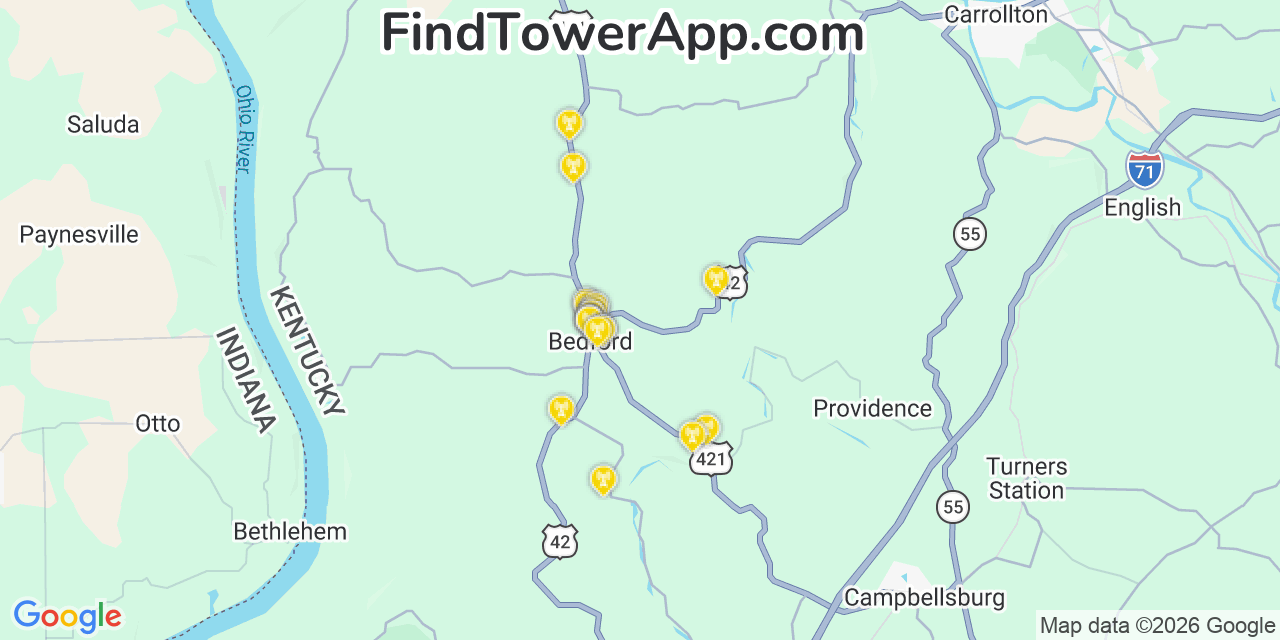 Map showing the 20 primary cell tower locations detected in Bedford, Kentucky from AT&T, Verizon, and T-Mobile networks