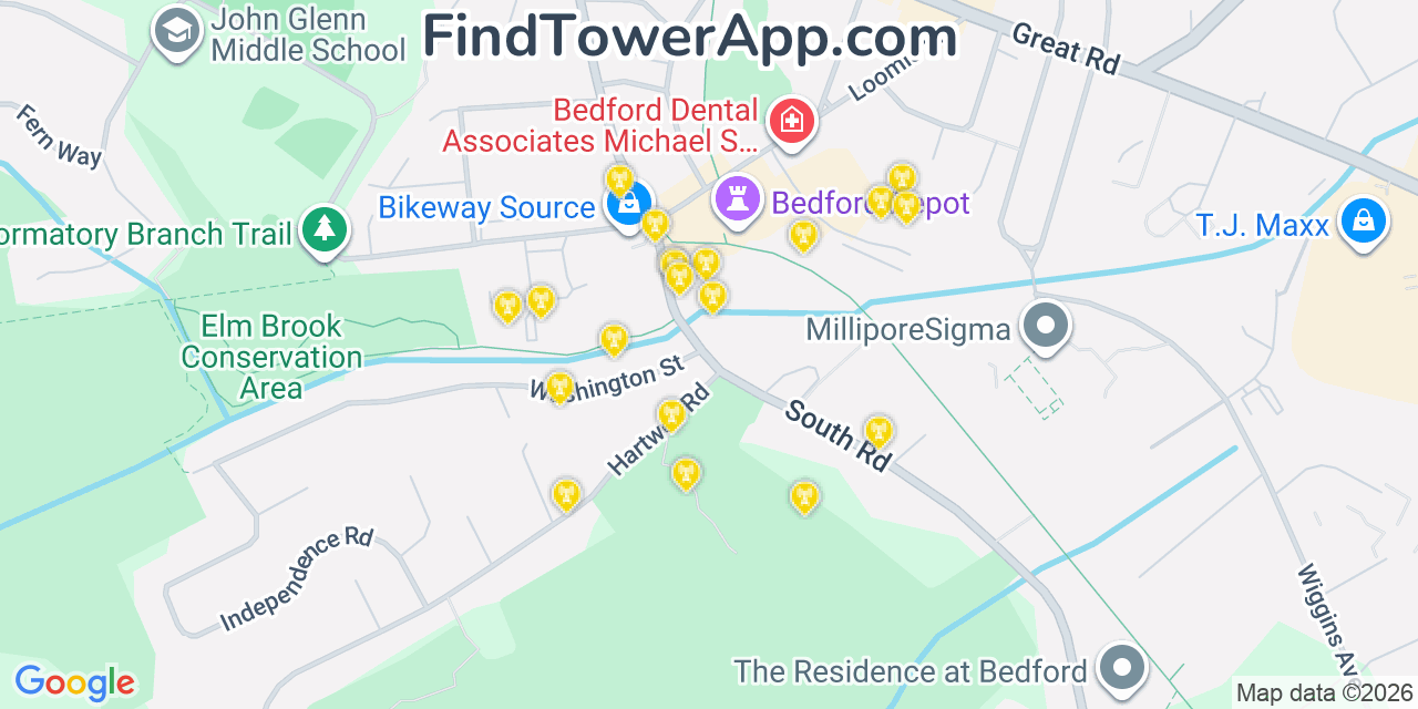Map showing the 20 primary cell tower locations detected in Bedford, Massachusetts from AT&T, Verizon, and T-Mobile networks