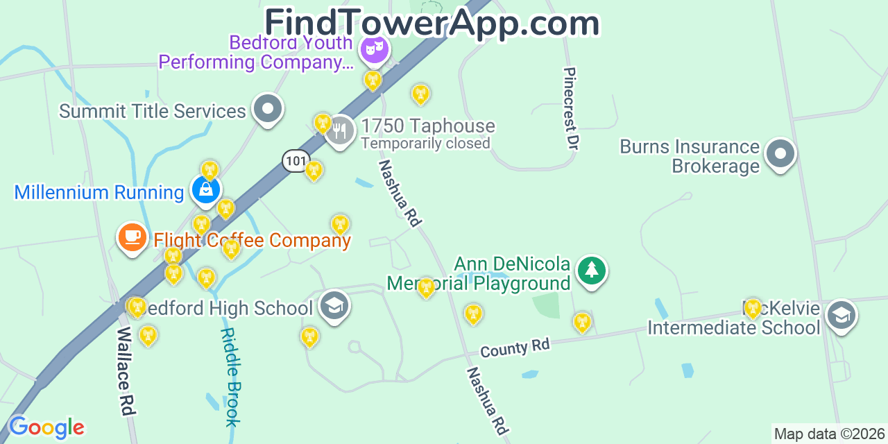 Map showing the 20 primary cell tower locations detected in Bedford, New Hampshire from AT&T, Verizon, and T-Mobile networks