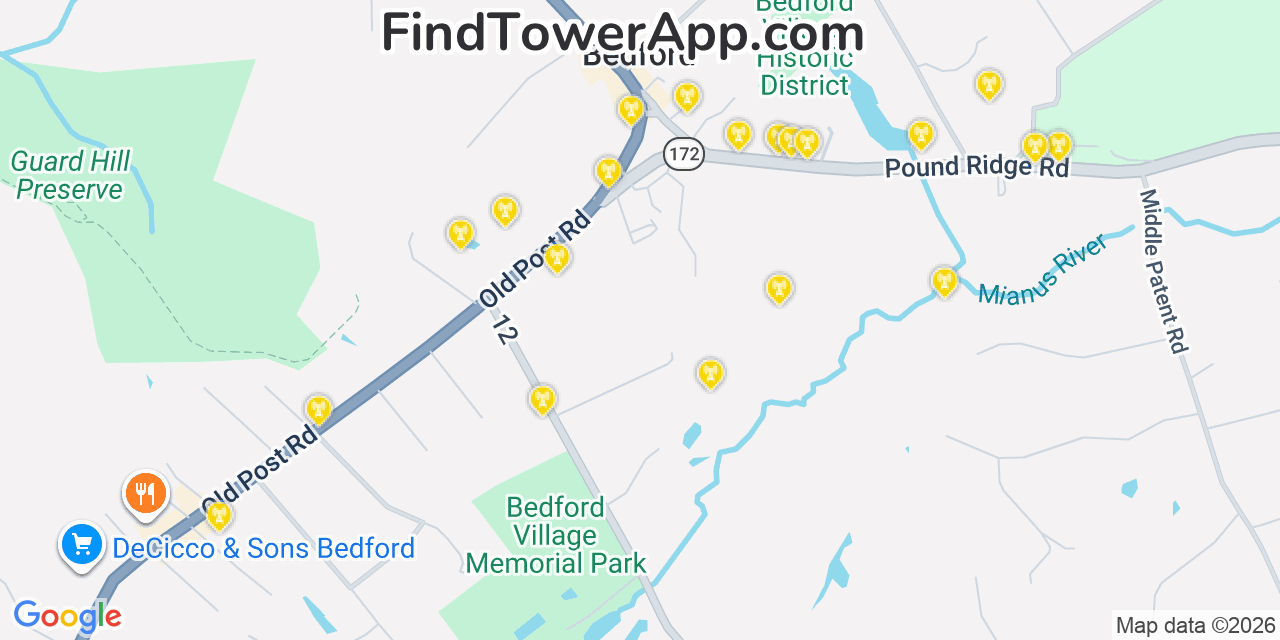 Map showing the 20 primary cell tower locations detected in Bedford, New York from AT&T, Verizon, and T-Mobile networks