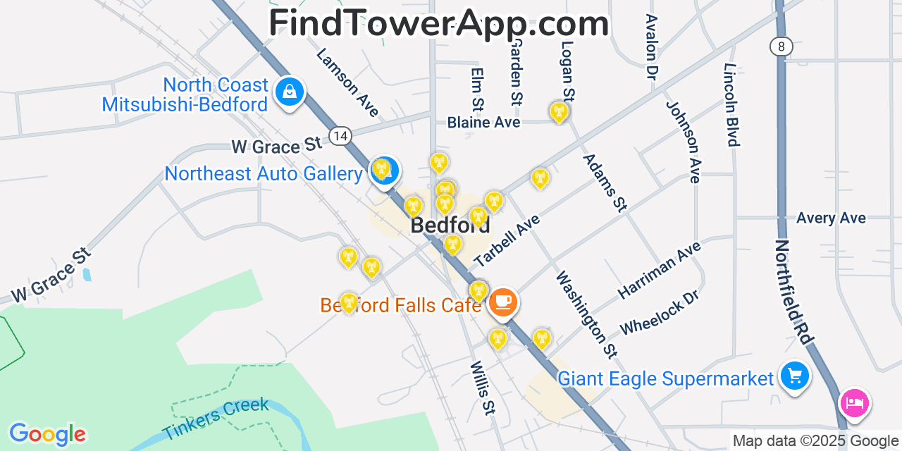 Map showing the 20 primary cell tower locations detected in Bedford, Ohio from AT&T, Verizon, and T-Mobile networks