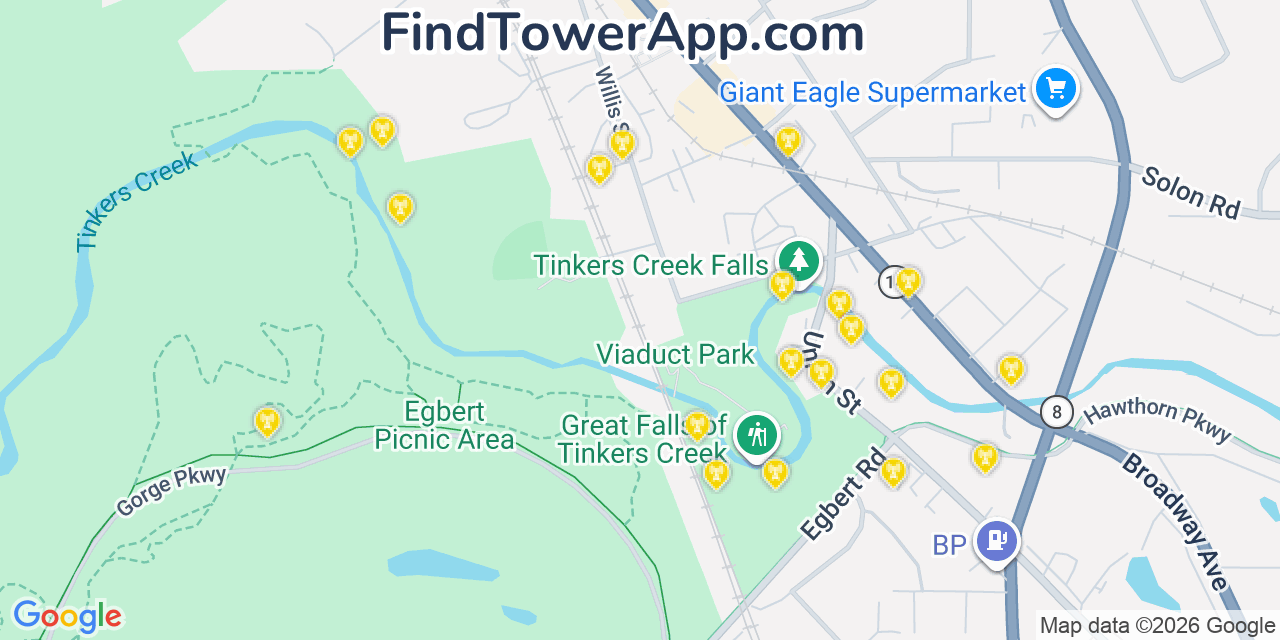 Map showing the 20 primary cell tower locations detected in Bedford, Ohio from AT&T, Verizon, and T-Mobile networks