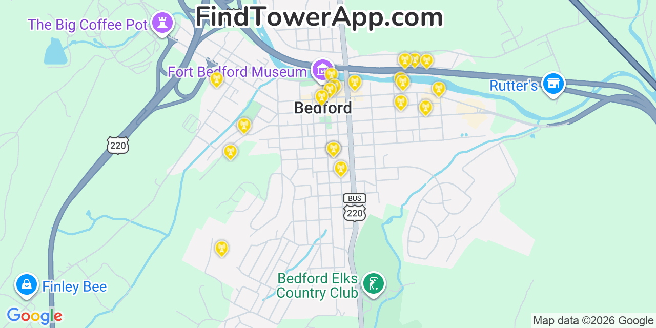 Map showing the 20 primary cell tower locations detected in Bedford, Pennsylvania from AT&T, Verizon, and T-Mobile networks